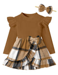 Long-Sleeve Baby Girl Dress with Headband – Brown, 0-3 Months