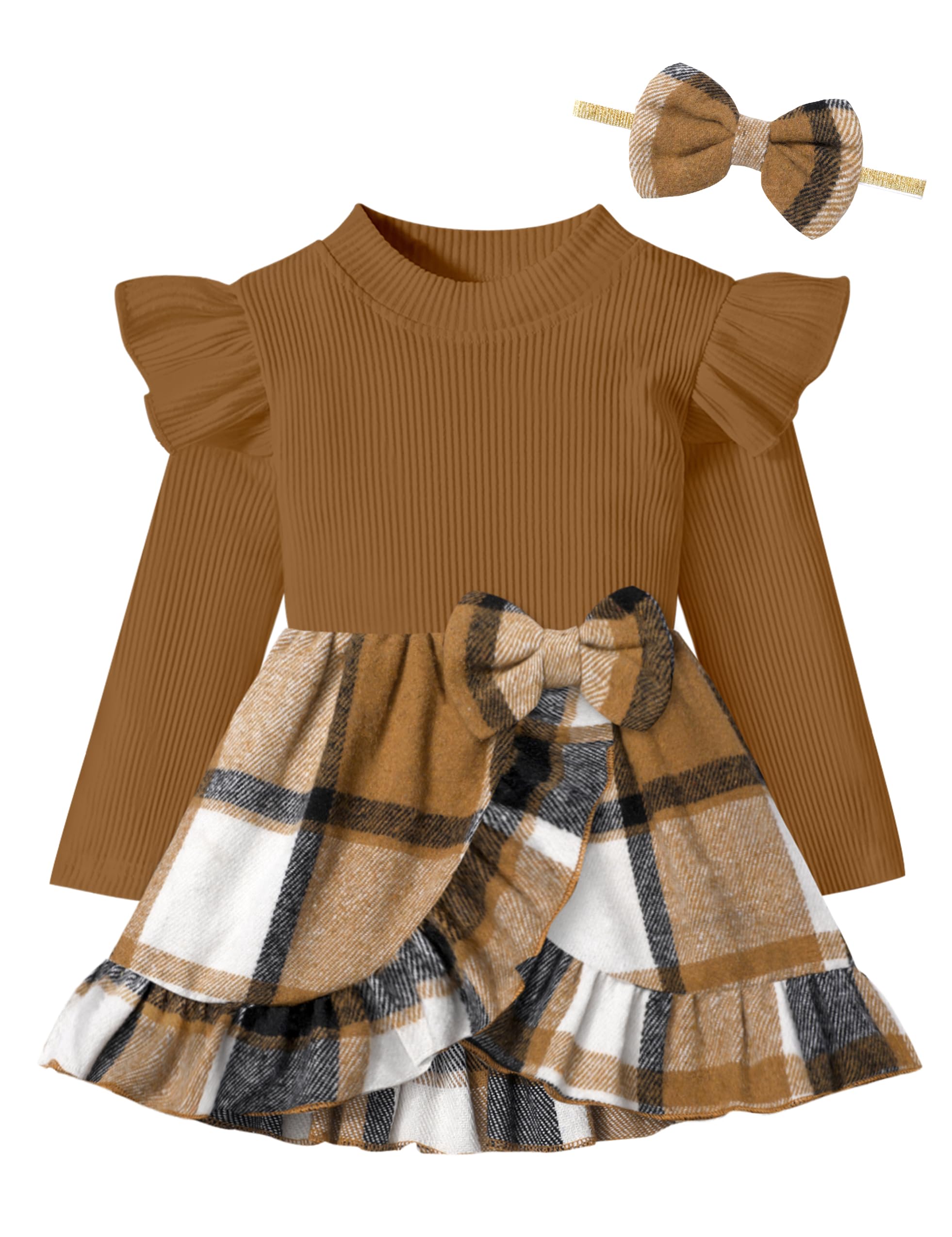 Long-Sleeve Baby Girl Dress with Headband – Brown, 0-3 Months